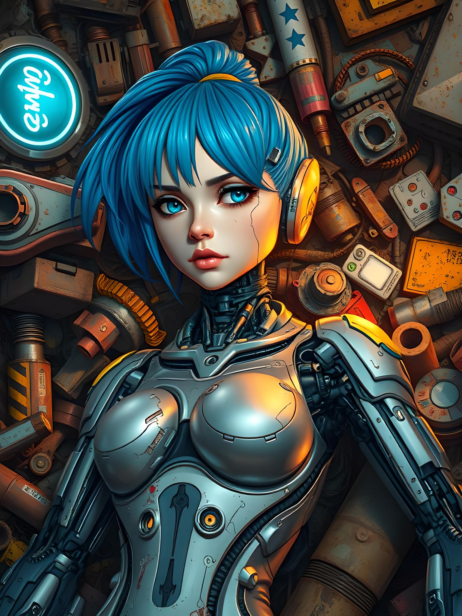 Broken Android on Cyberpunk Junkyard Pile