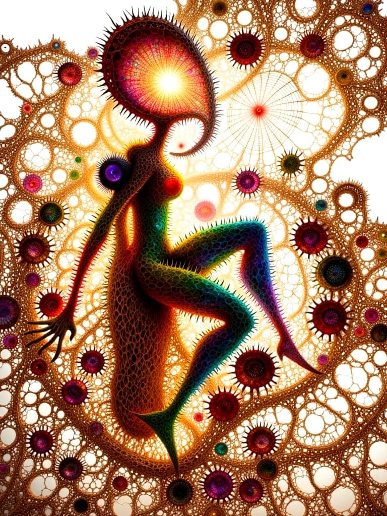 Ethereal Elven Child Holds Seed Pod Doll in Web