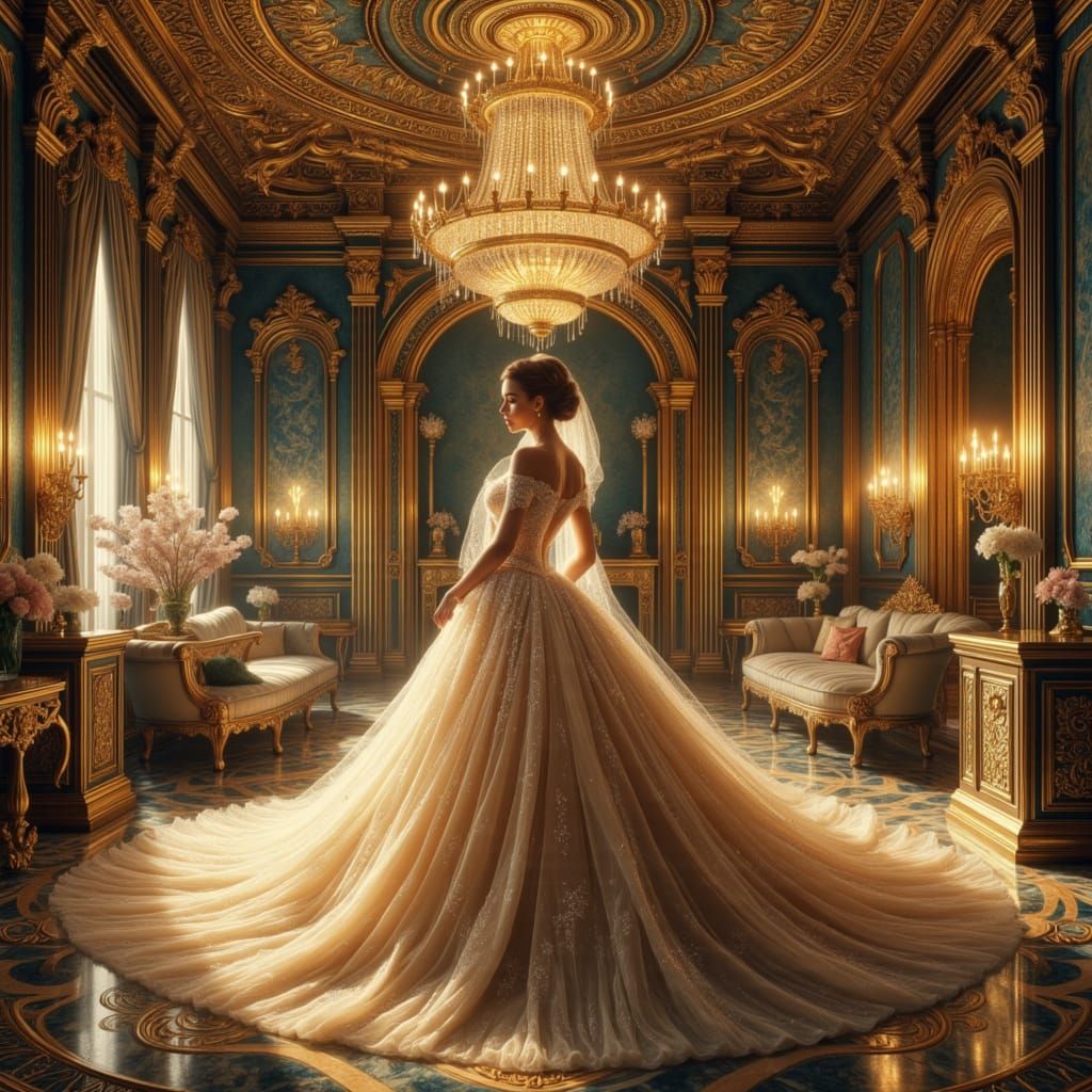 Elegant Woman in Lavish Ballroom, in Art Nouveau Style
