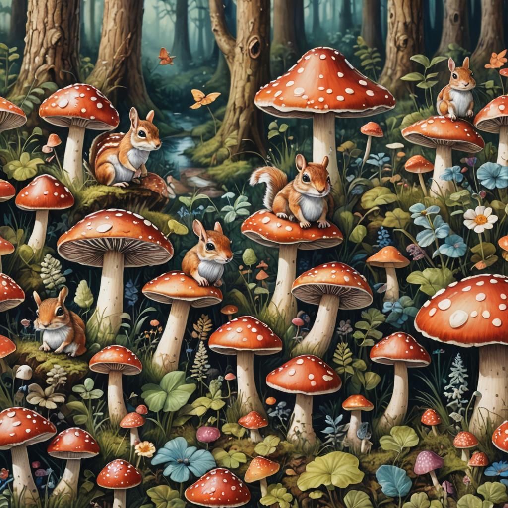 Fairytale Forest Scene with Toadstools and Fairies