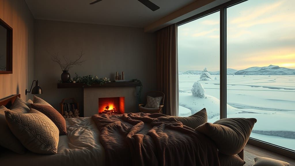 Cozy Bedroom Merges with Icy Landscape in Dreamlike 4K Scene