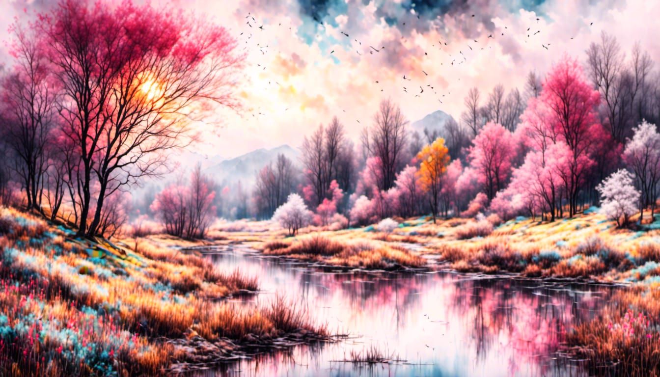 Stunning Spring Landscape in Antique Watercolor Style
