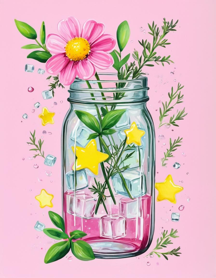 Vibrant Painting of Pink Drink with Flowers and Ice