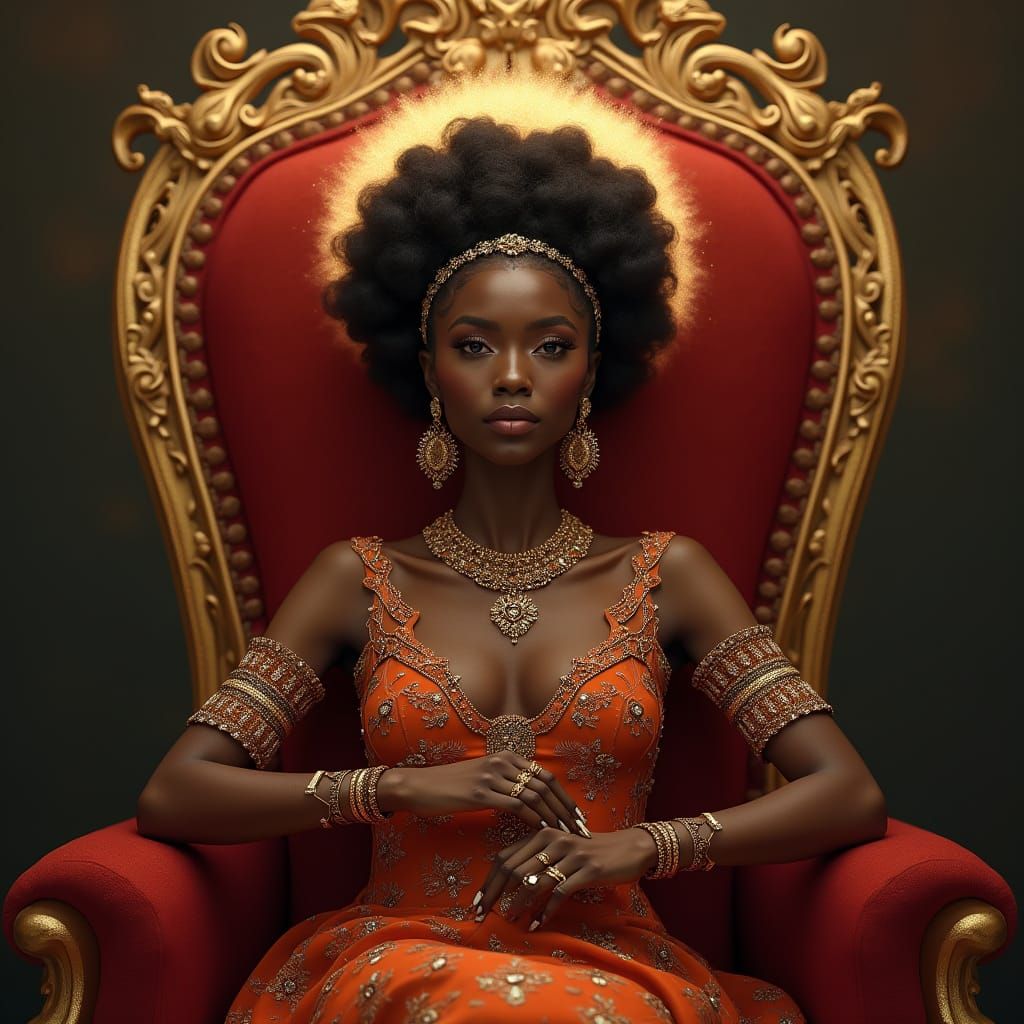 Regal Black Goddess on Velvet Throne Portrait