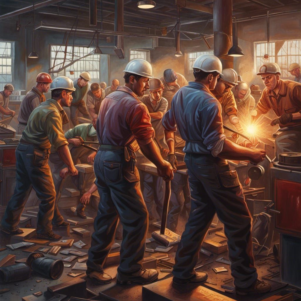 Hyperrealistic Factory Scene: Workers' Struggle for Justice