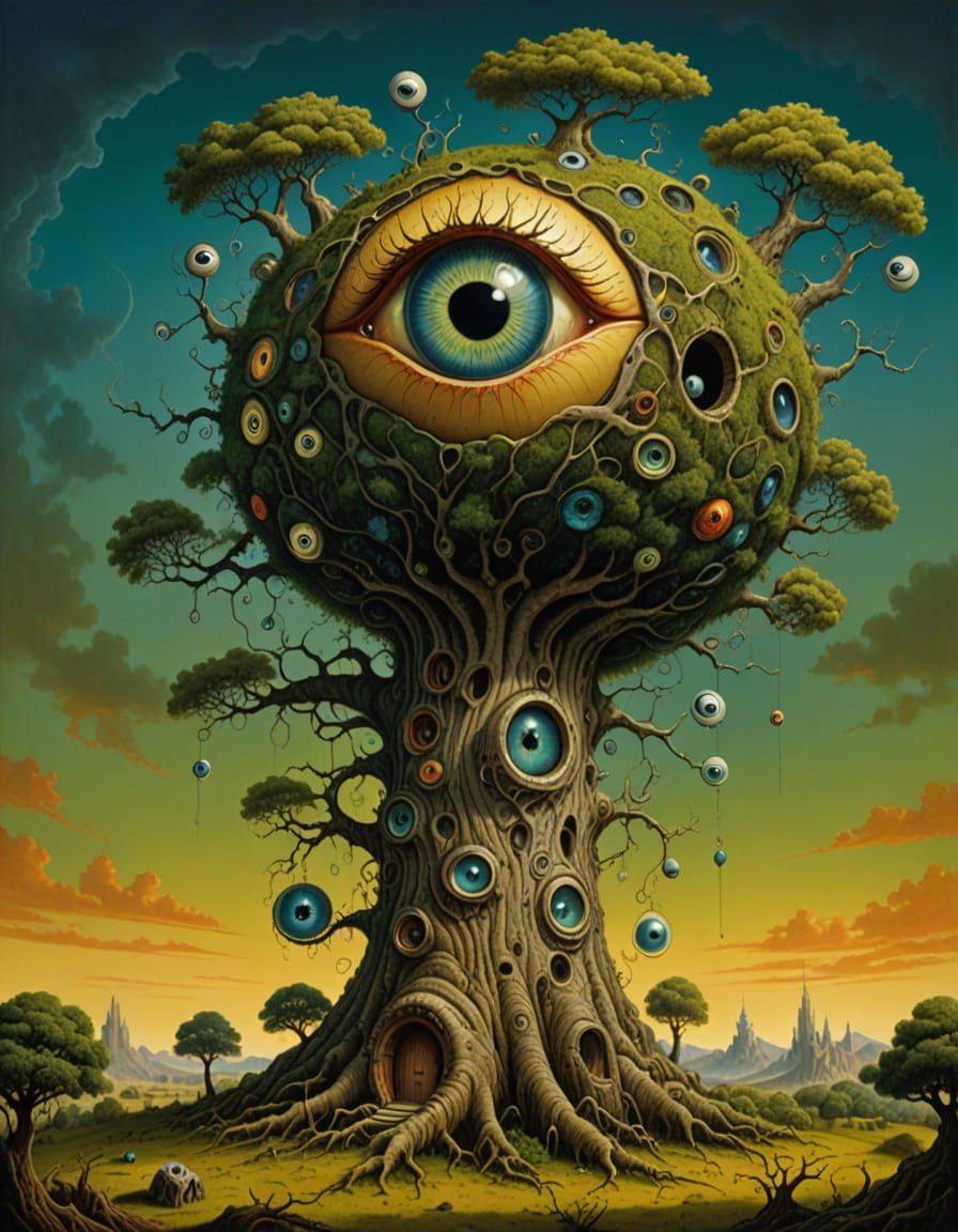 Surreal Eyeball Tree With Whimsical, Gothic Flora