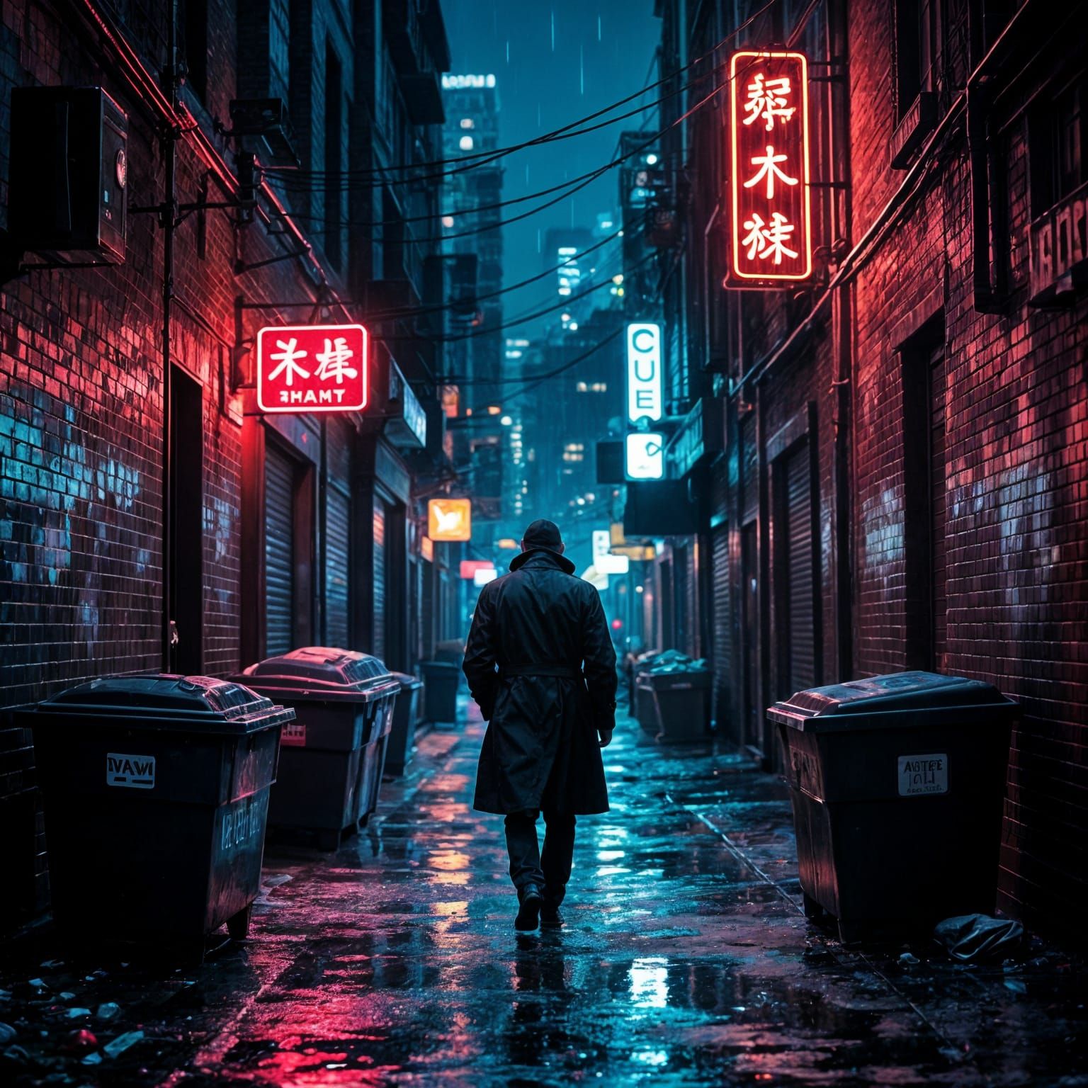 Lone Figure in Neon Alleyway - Matte Painting Style