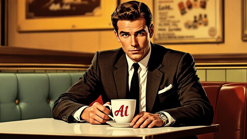 Retro Ad Man at Diner with Coffee