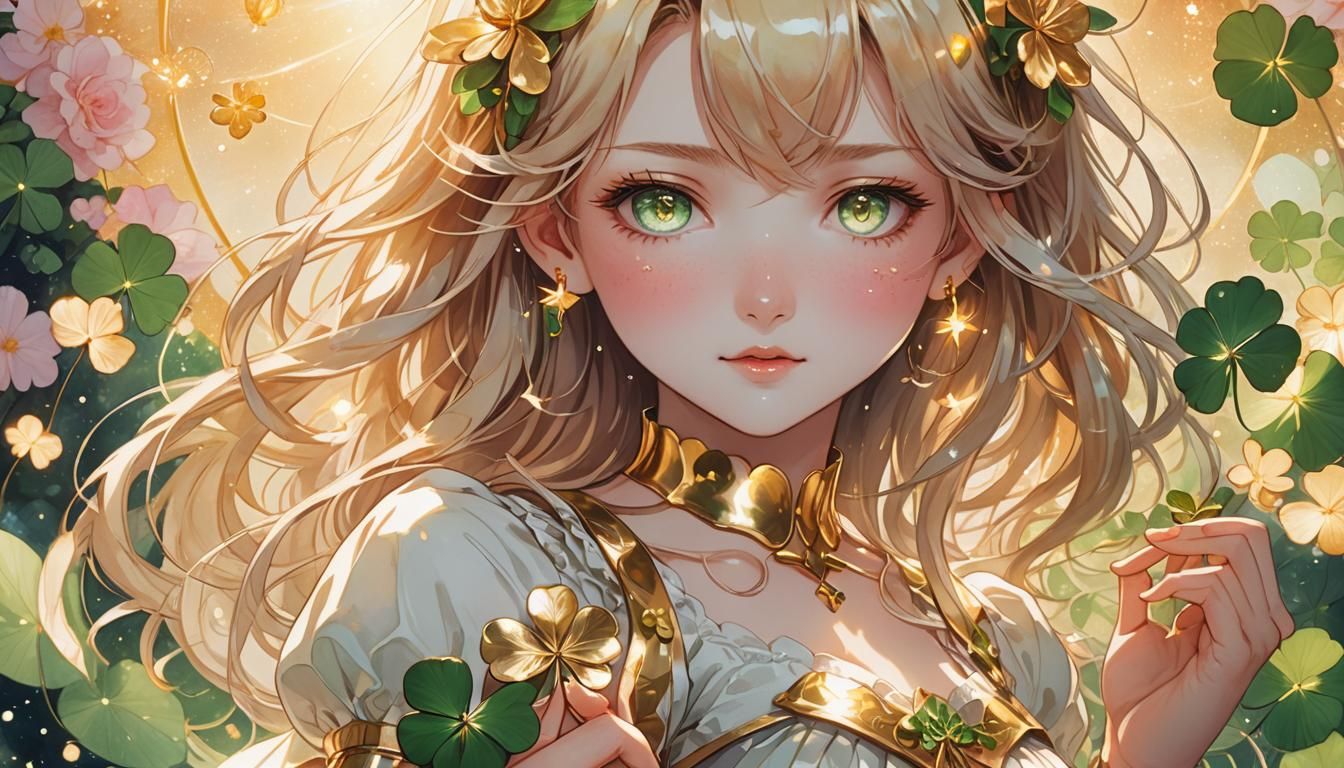Magical Girl Anime with Golden Clover in Watercolor Style
