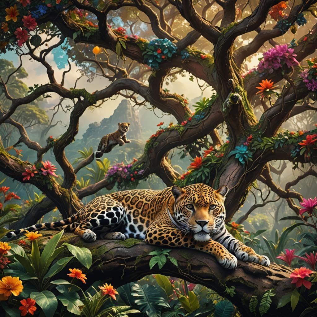 Jaguar in Colorful Flora: Cinematic Digital Painting