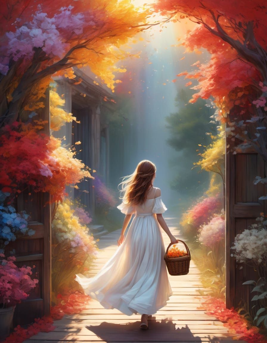 Whimsical Fantasy Scene with Gentle Girl and Vibrant Rainbow