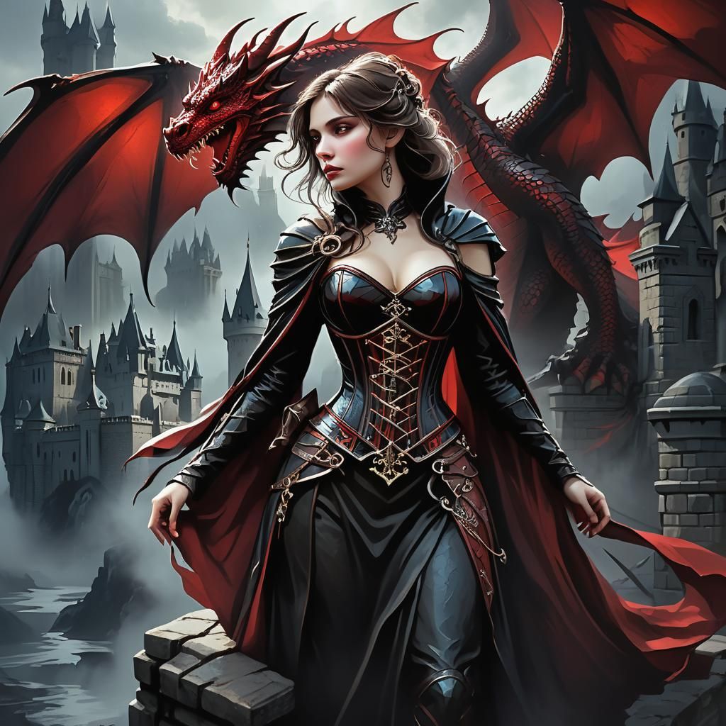 Fantasy Adventurer and Dragon, Alphonse Mucha Linework