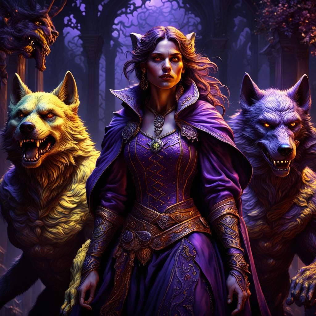 Woman with Werewolves: Dark Fantasy Art