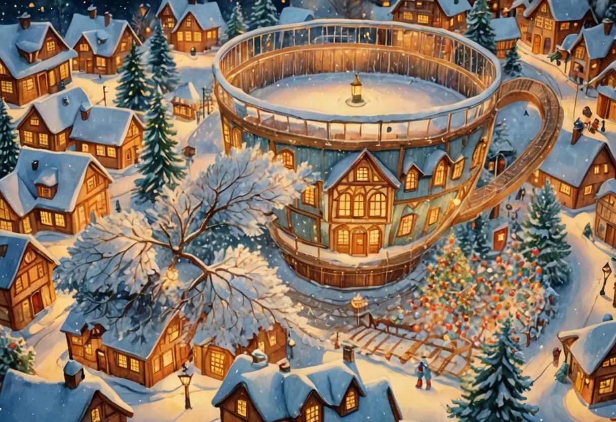 Whimsical Winter Village in Watercolor Style