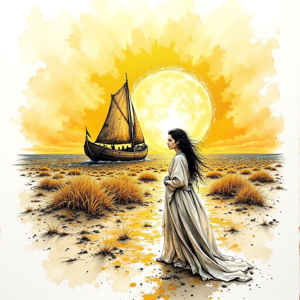 Surreal Ballad Landscape in Burnished Gold Watercolour