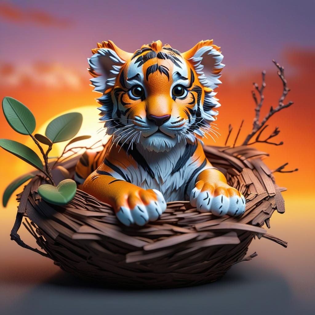Miniature Tiger in Nest at Colorful Sunrise