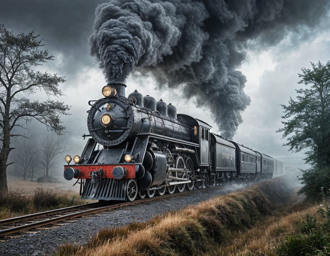 Vintage Steam Train in Foggy Landscape