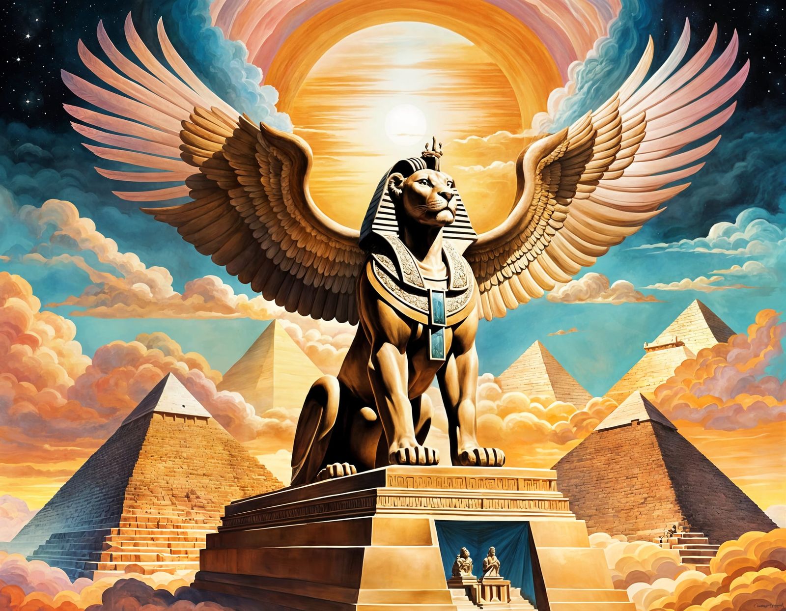 Sphinx Soaring Through Pastel Skies as Storybook Illustratio...