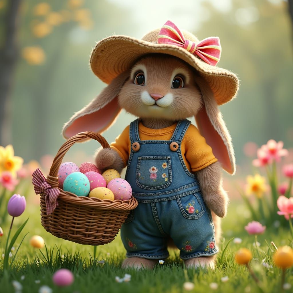 Whimsical Brown Rabbit in Rustic Overalls with Vibrant Easte...