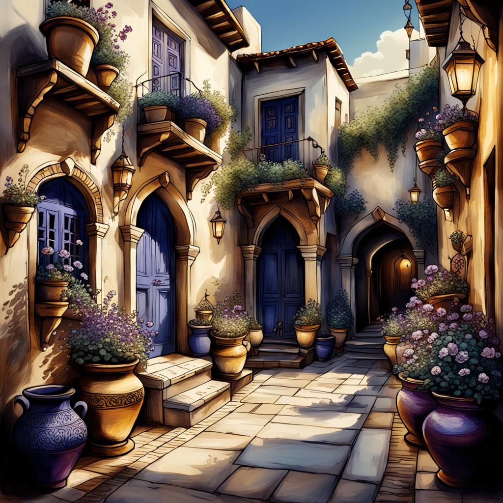Arabic Courtyard Illustration in Rackham Style