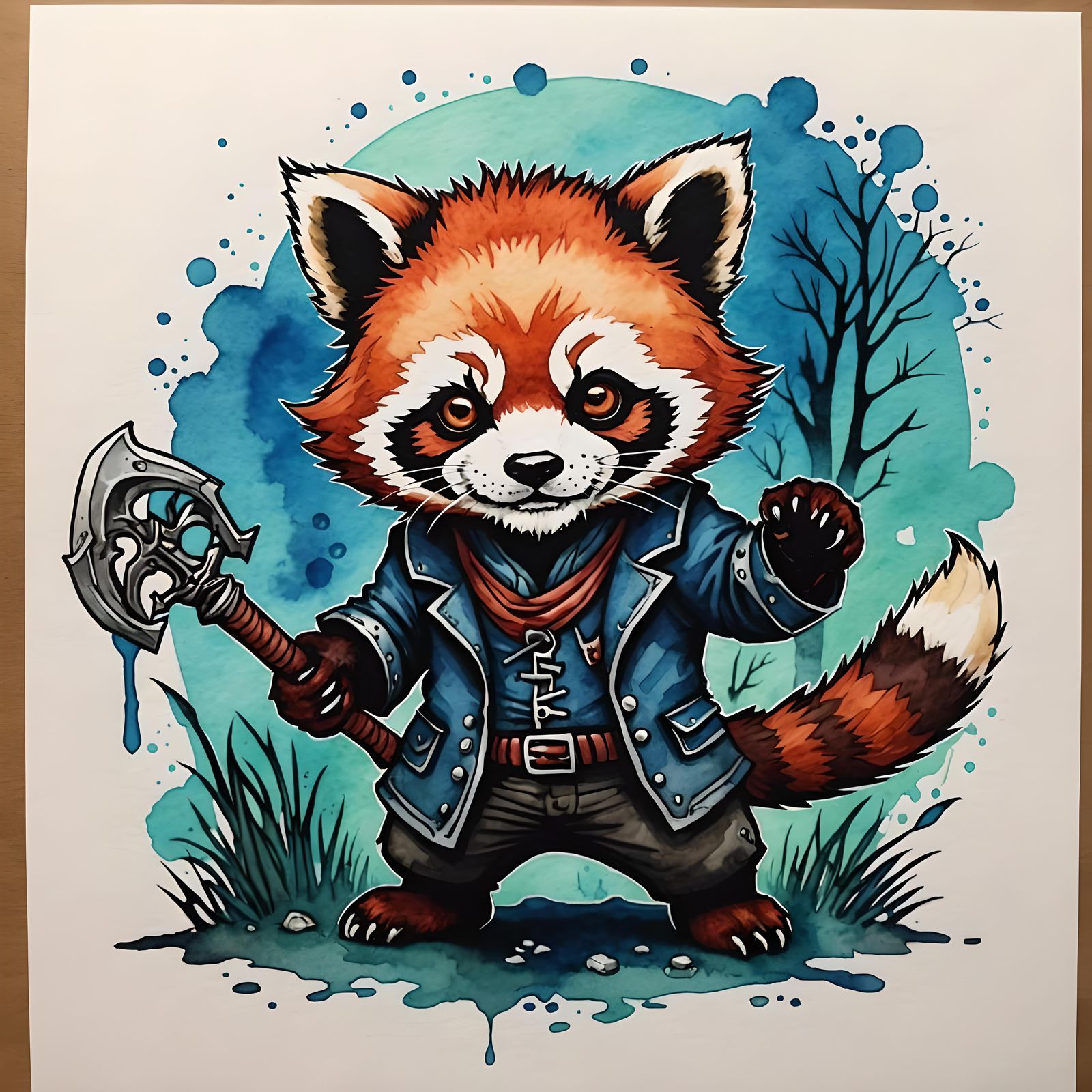 Undead Red Panda in Watercolor Style