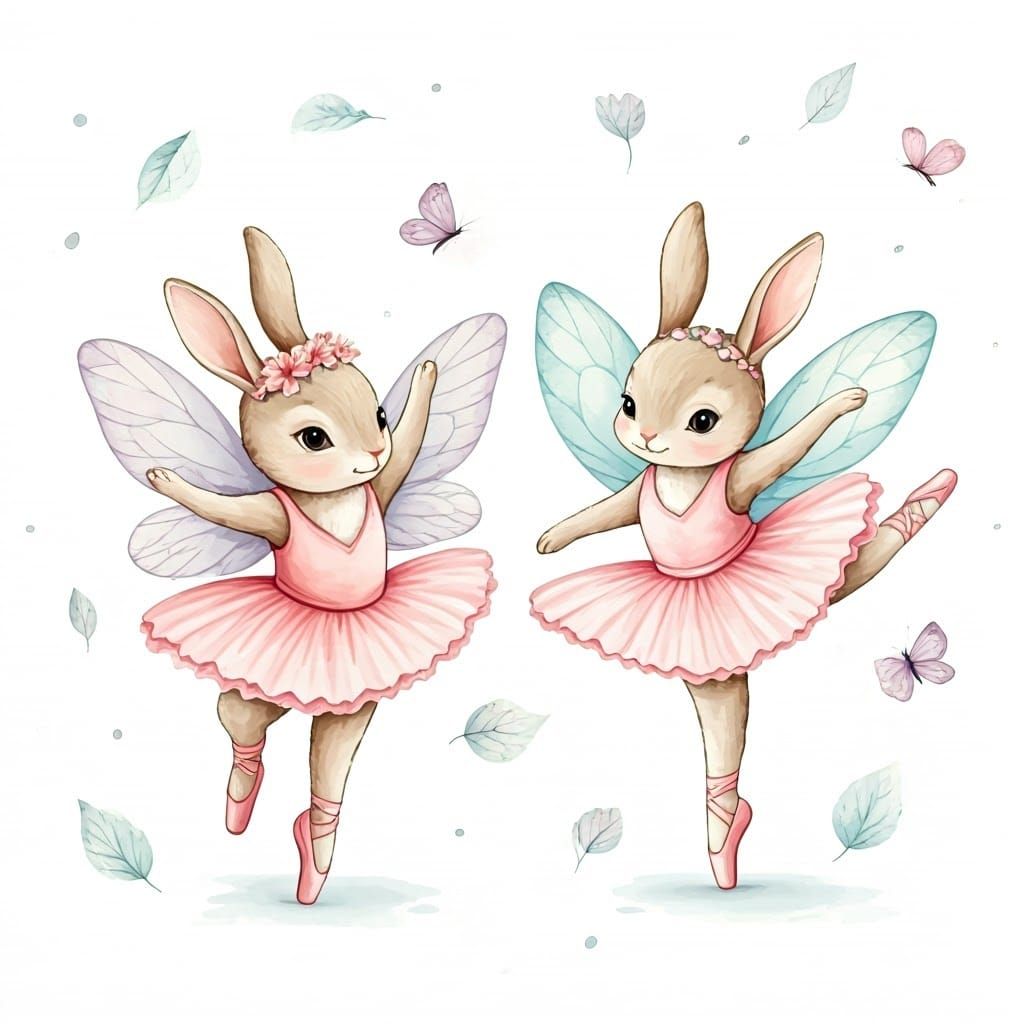 Whimsical Watercolor Fairies and Bunnies in Ballet Tutus
