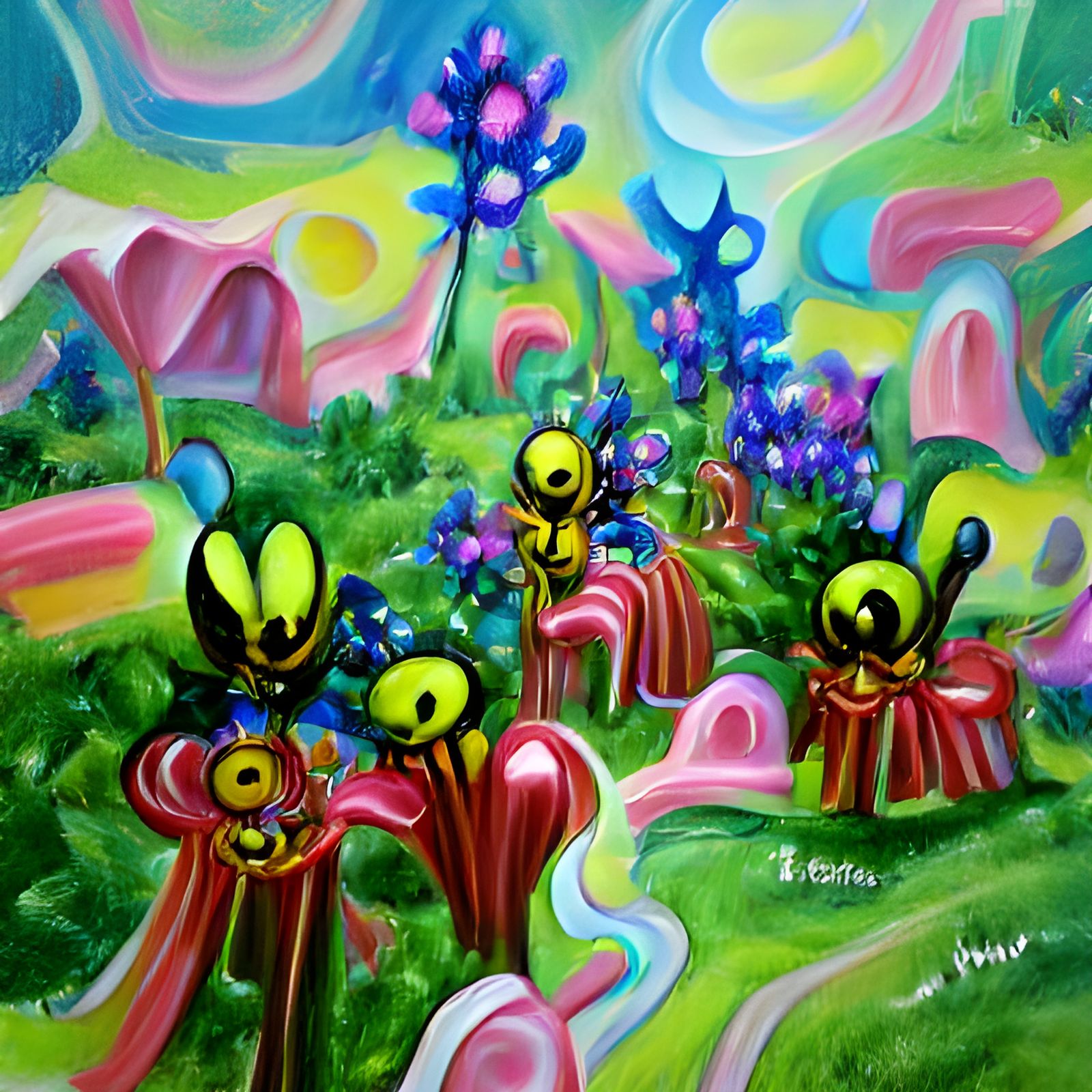 Vibrant Alien Flower Garden with Alien Bees