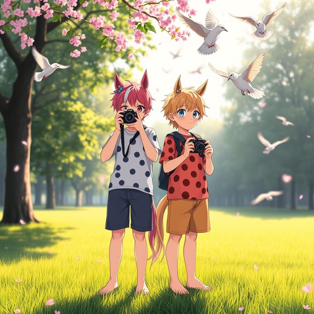 Two Adorable Boys with Horse Ears in Anime Style