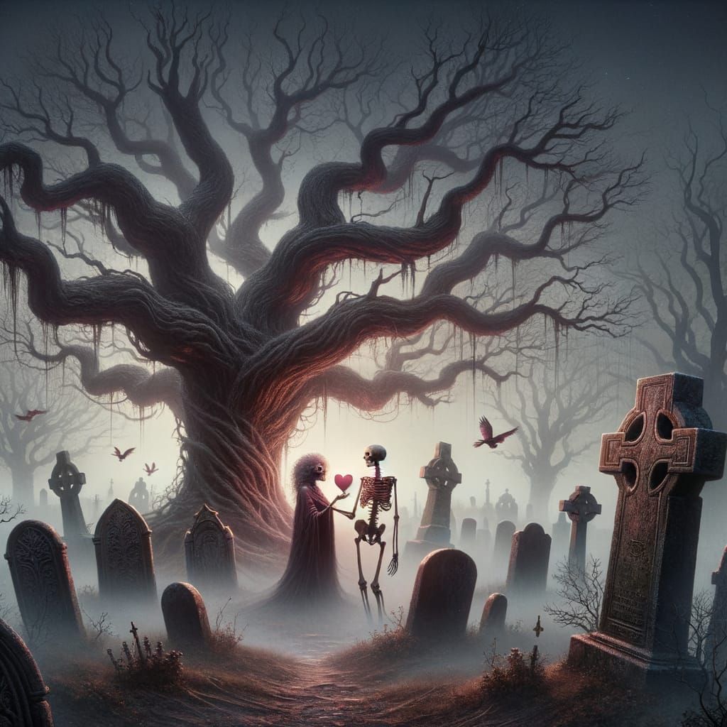 Ancient Oak in Misty Graveyard with Romantic Skeletons