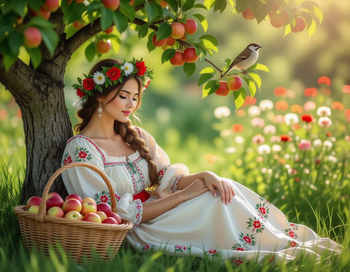 Charming Peasant Woman Resting Under Apple Tree