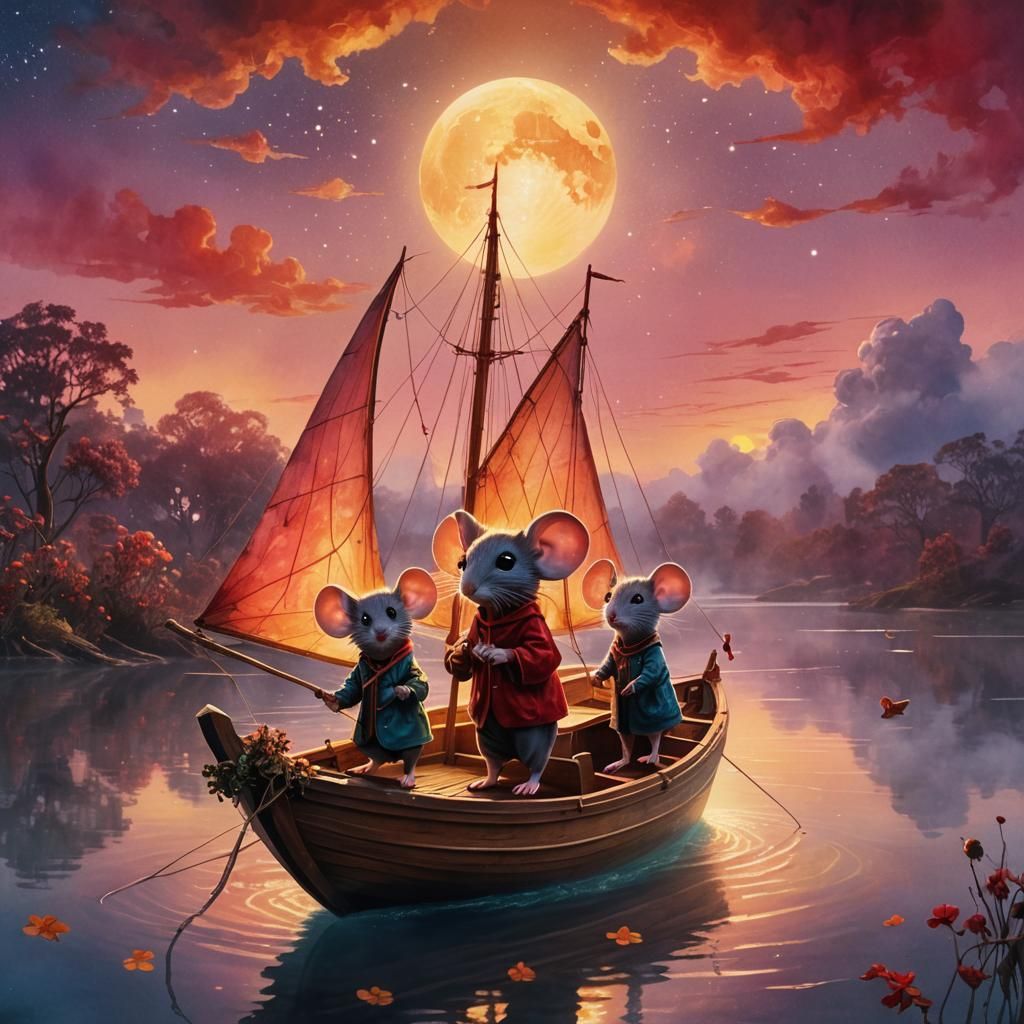 Mouse Family Sailing into Sunset: Surreal Illustration