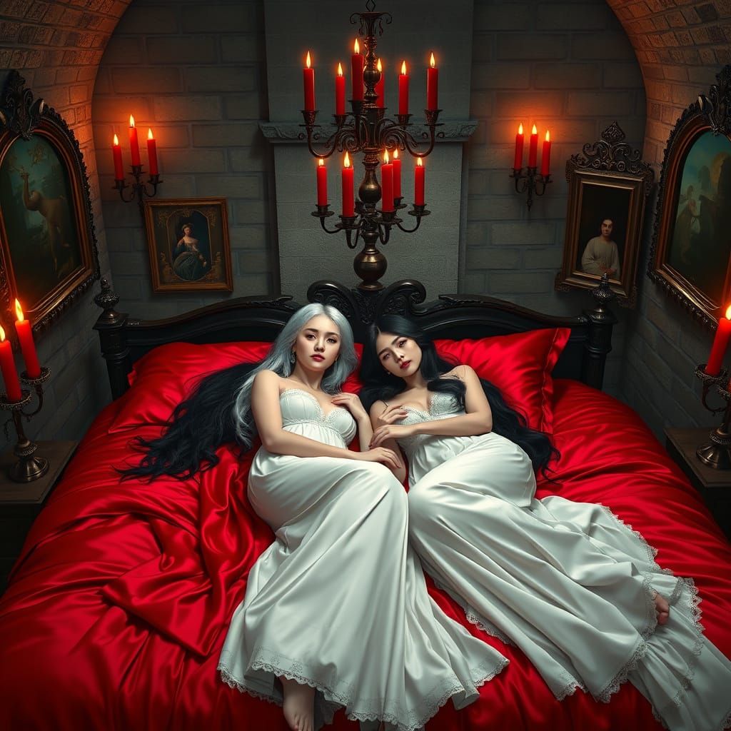 Gothic Nightgown Dreams: Dark Fantasy Sisters in Elegant Slu...