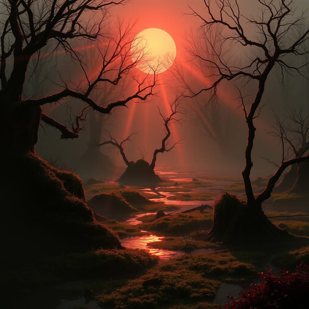 Haunting Swamp at Sunset in Dark Fantasy Style
