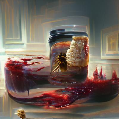 Sinister Honeycomb with Bee and Blood in Glass Jar