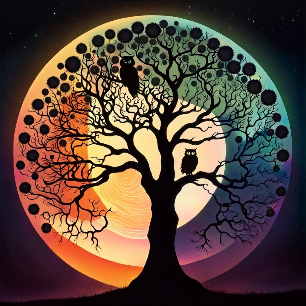 Trippy Apple Tree Silhouette with Sun and Moon