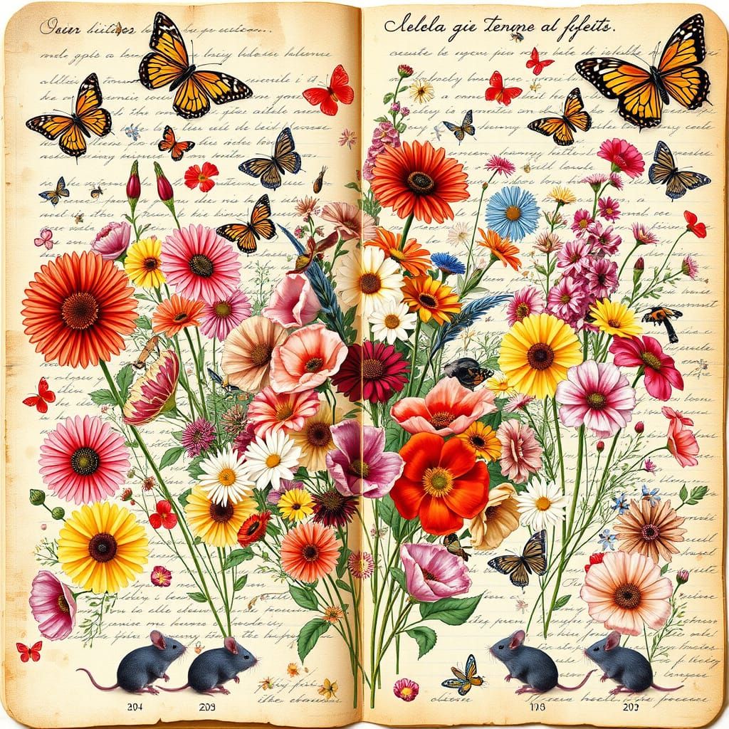 Whimsical Floral Collage with Gray Mice and Vintage Elements