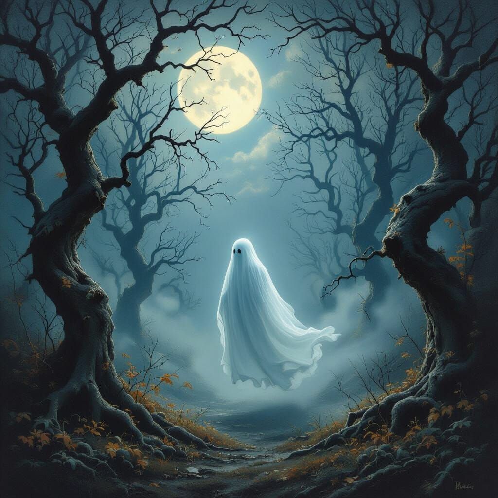Ethereal Ghost in Moonlit Ancient Forest
