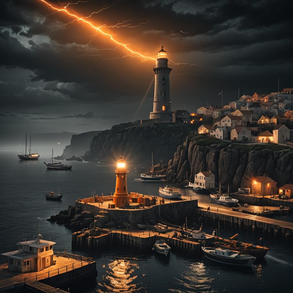 Dramatic Lighthouse on Pier at Night, Digital Matte Painting