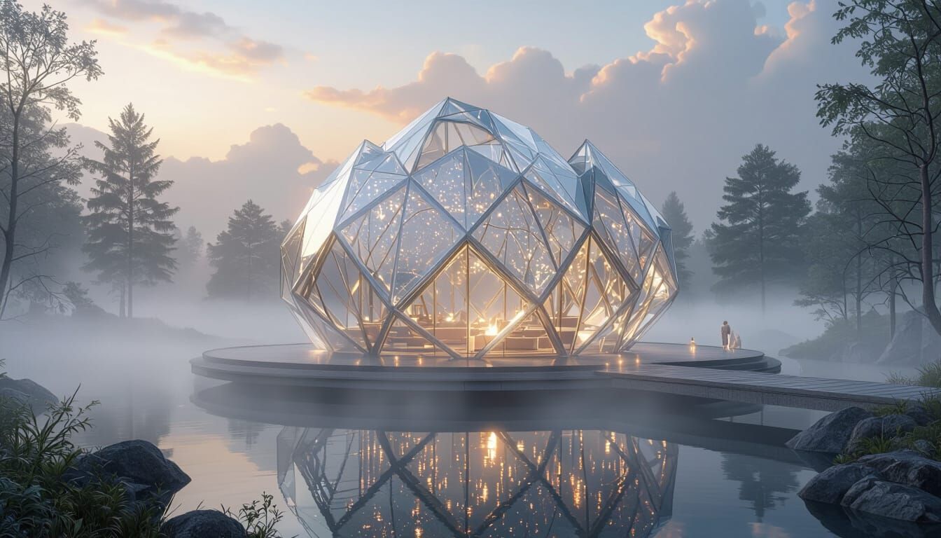 Ethereal Diamond Glass Pavilion in Misty Fantasy Landscape