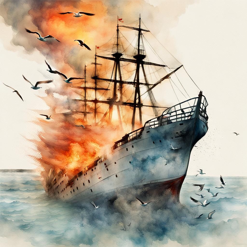 Burning Ship Sinking: Watercolour Double Exposure