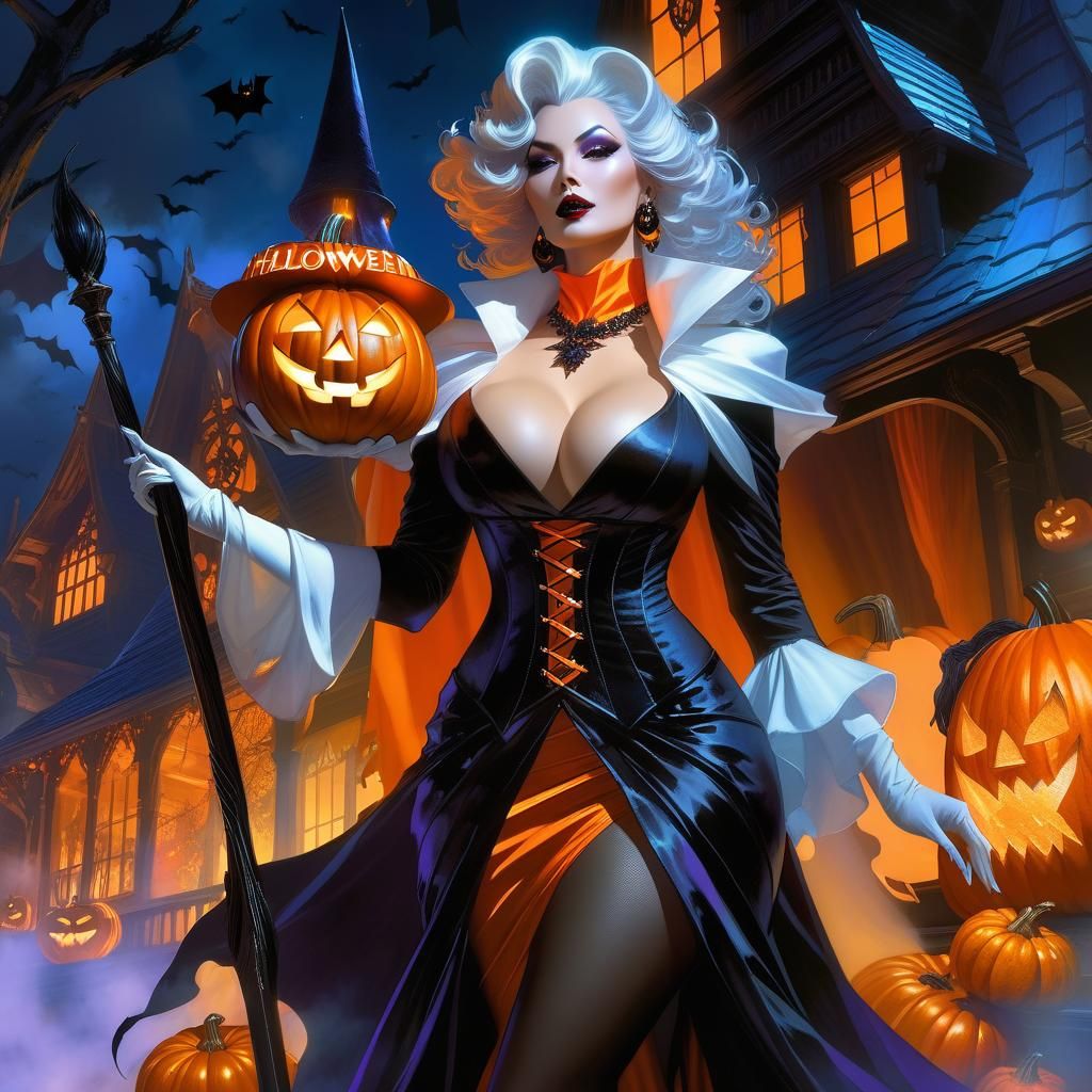 Ethereal Halloween Sorceress Pin-Up in Prism Colors