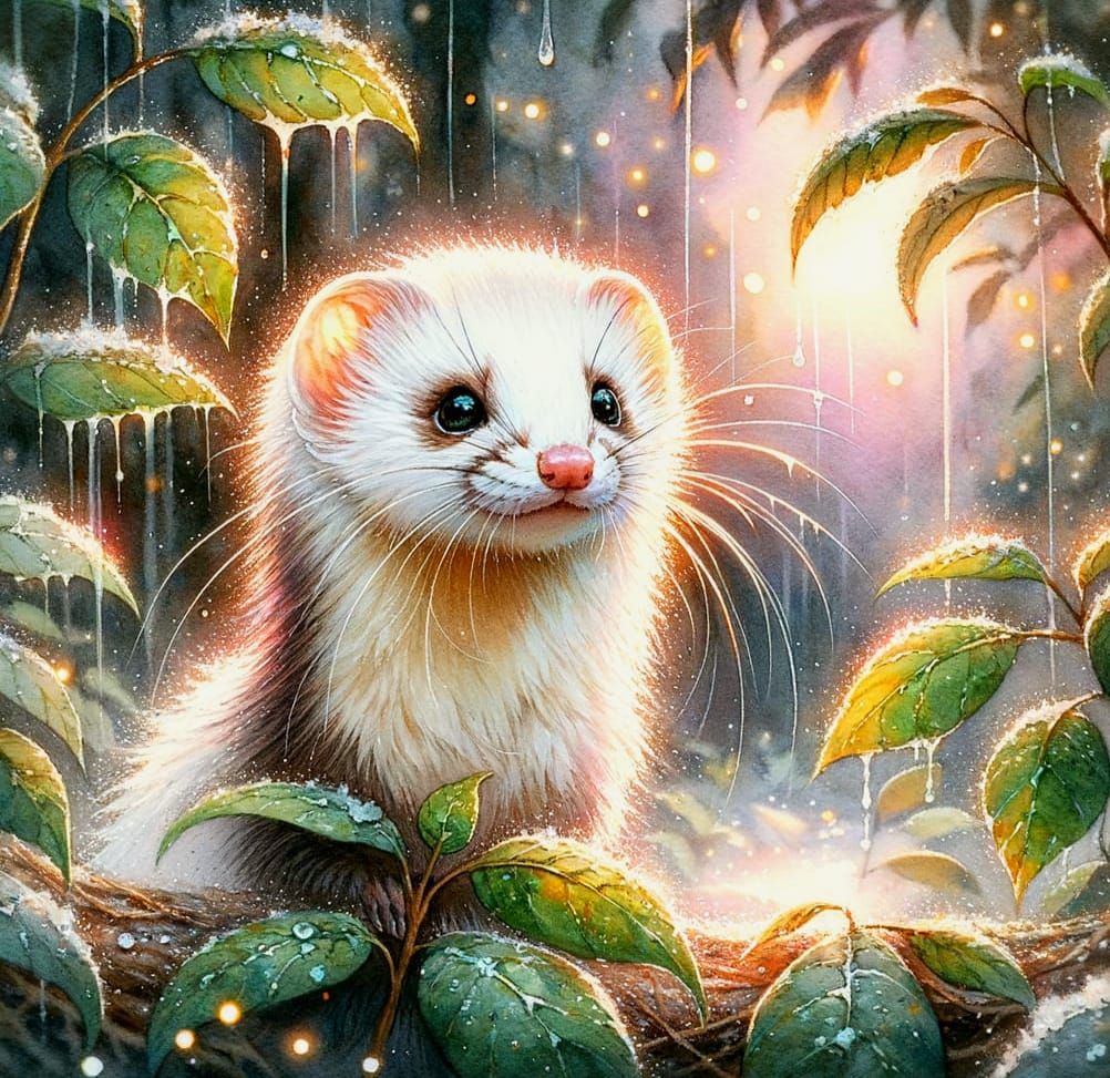 Watercolor Weasel Peeking Through Rain-Drenched Leaves