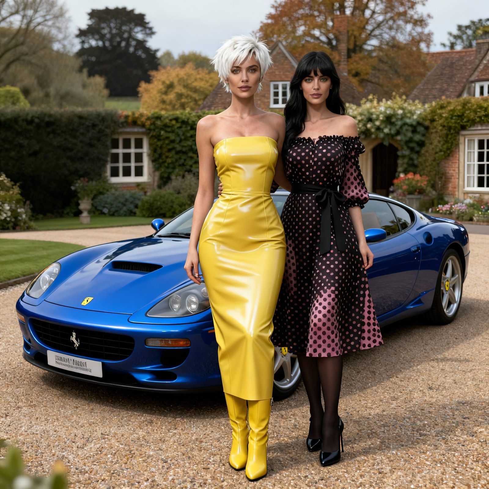 Women Beside Blue Ferrari at English Country House