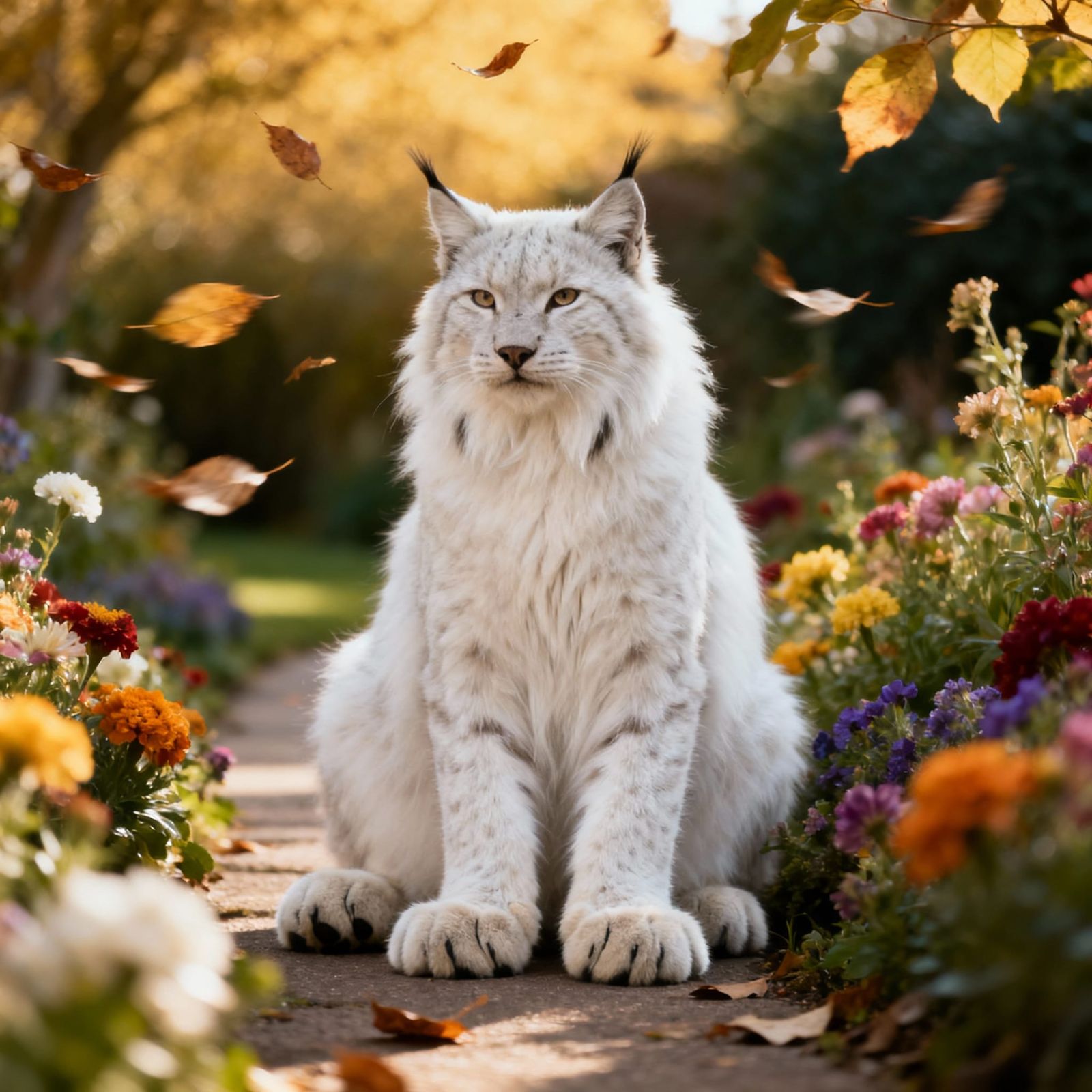 Fluffy White Lynx Cat on Garden Path with Falling Leaves