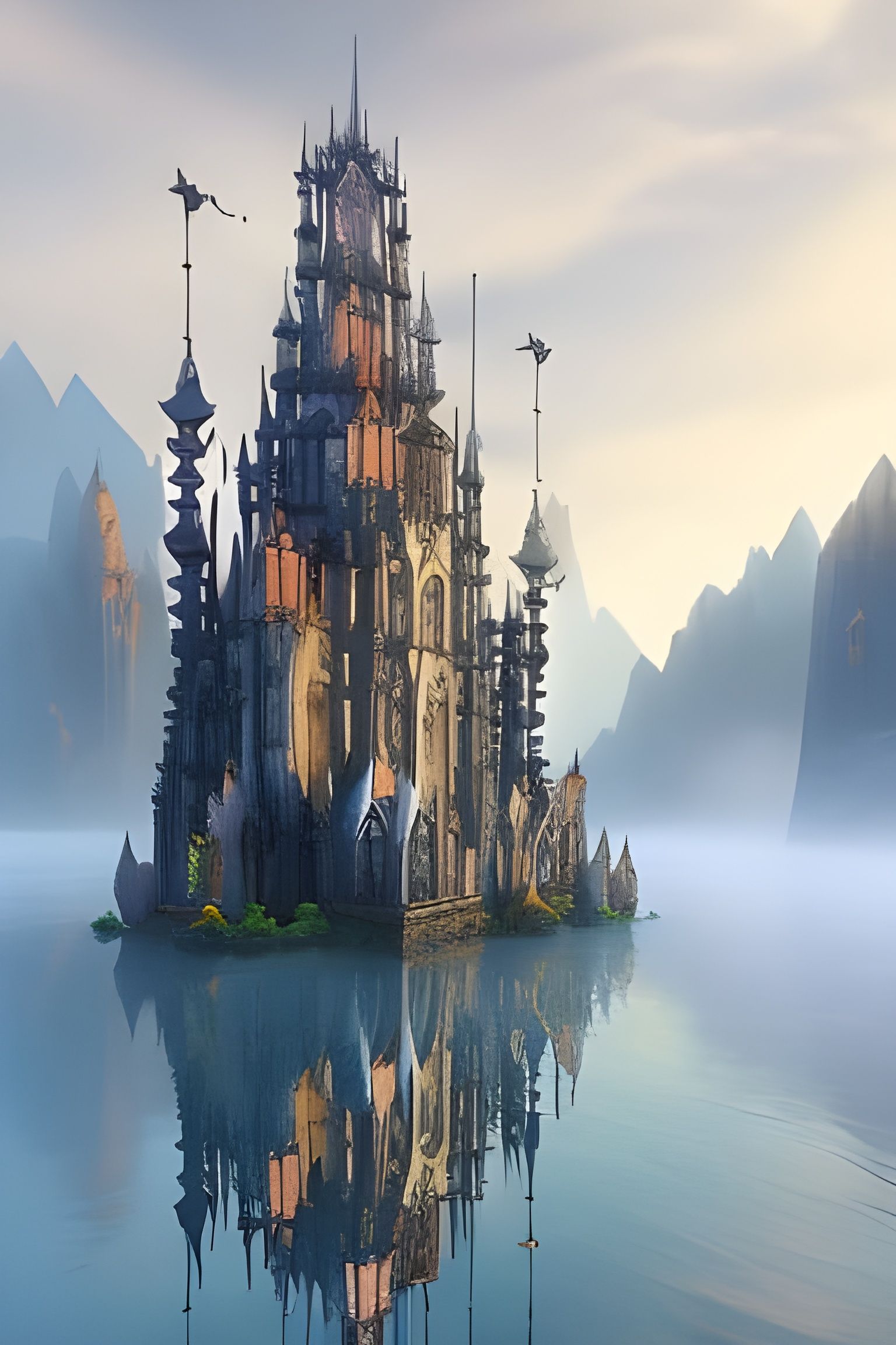 Ornate Gothic Castle Floating in Waterfall Paradise