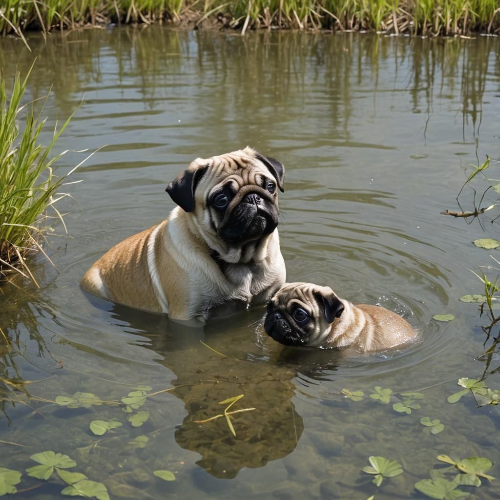 Pug and Manatee Share a Kiss by the River