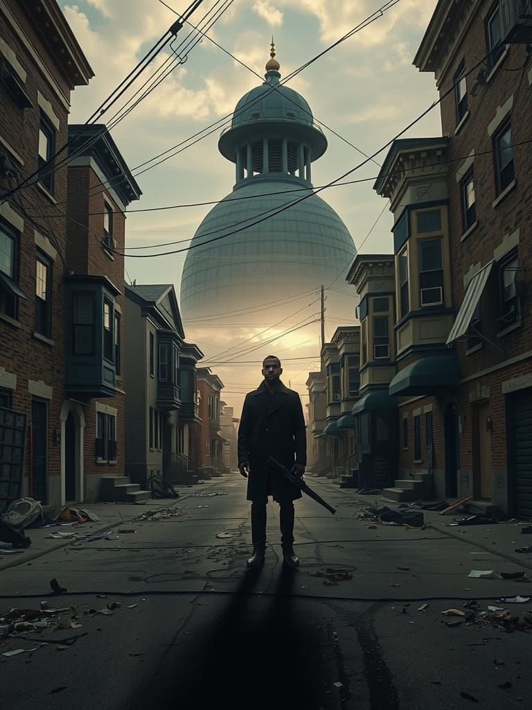 Omar Little's silhouette, clad in a long, worn leather coat, set against a gritty, double-exposure backdrop of crumbling...