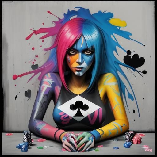Graffiti Poker Face with Playing Cards