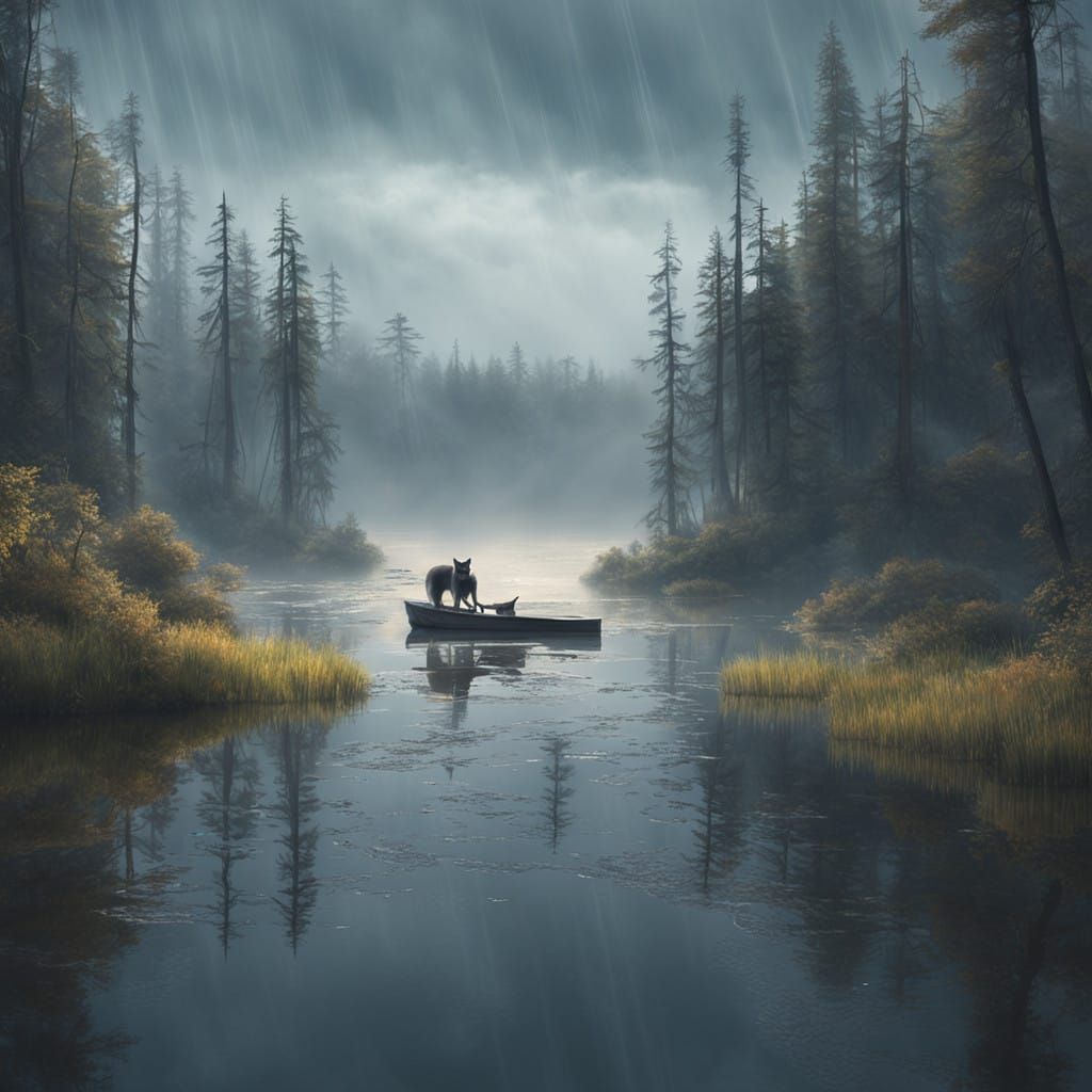 Ethereal Water Cat in Misty Lakescape, Inspired by Cyberpunk...