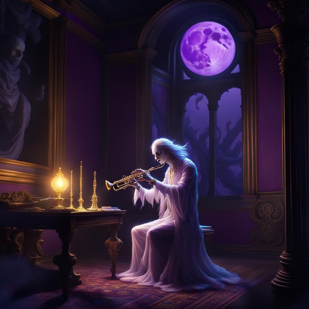 Ghostly Oboist in Moonlit Room: Dark Fantasy Art